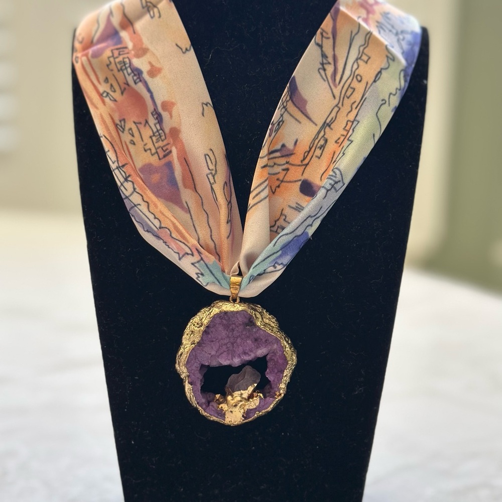 Purple Geode Pendant Scarf Necklace